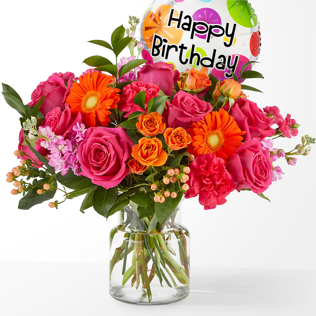 Fiesta Bouquet with Birthday Balloon – EUGENE'S FLOWER HOME, Springfield OR