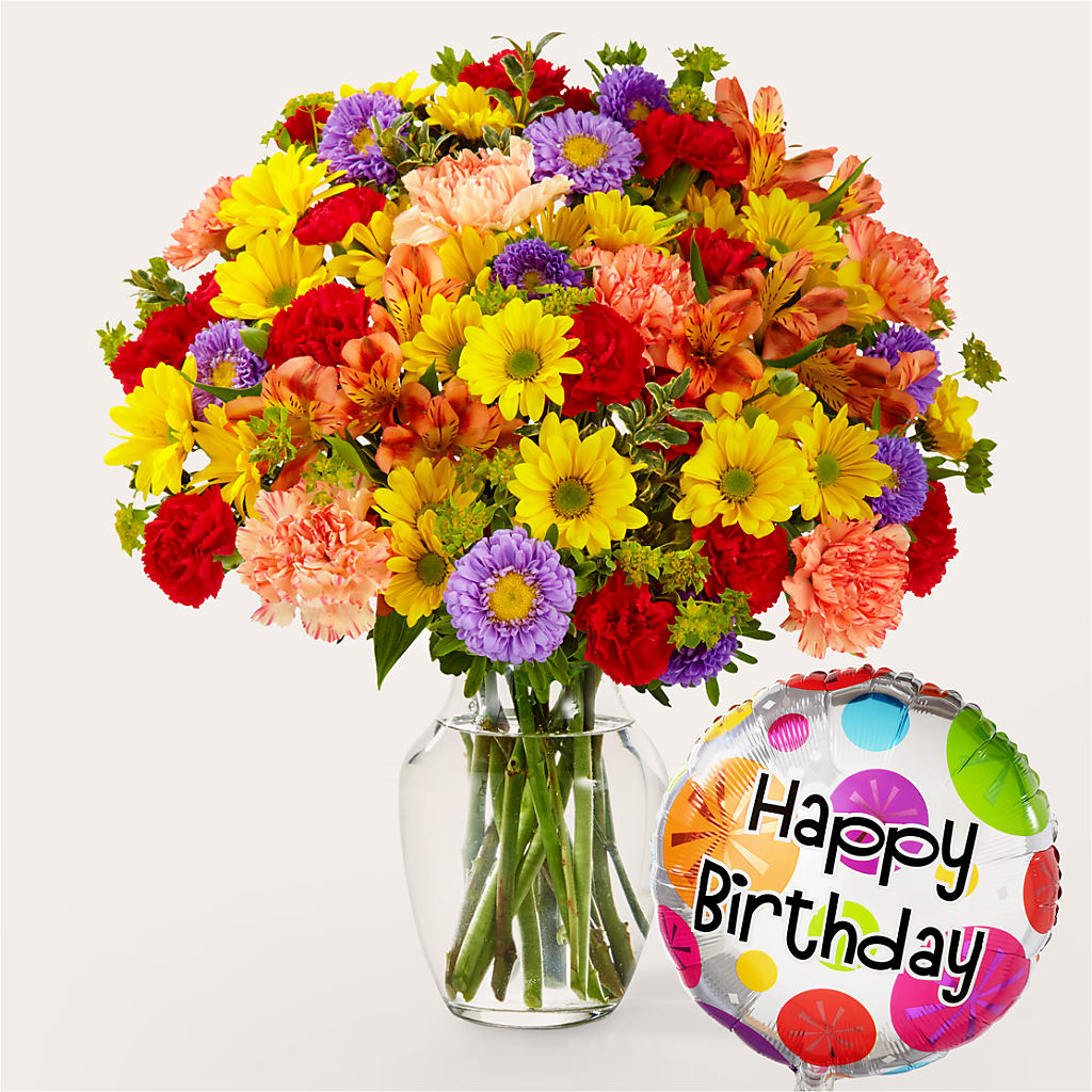 Kaleidoscope Bouquet with Birthday Balloon – EUGENE'S FLOWER HOME, Springfield OR