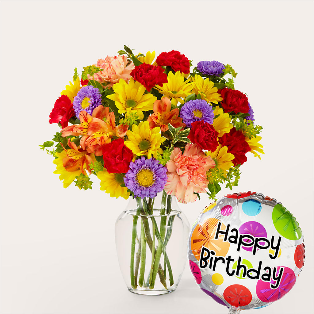 Kaleidoscope Bouquet with Birthday Balloon – EUGENE'S FLOWER HOME, Springfield OR