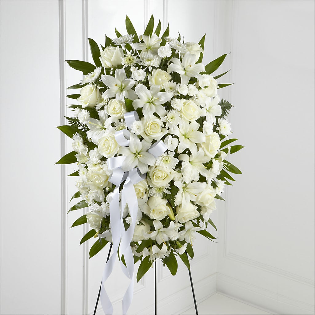 Exquisite Tribute Standing Spray-White Ribbon – EUGENE'S FLOWER HOME, Springfield OR
