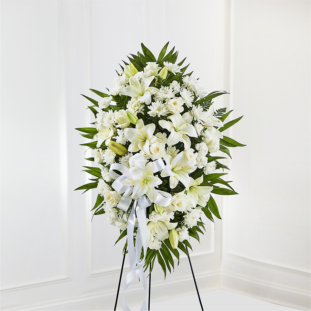 Exquisite Tribute Standing Spray-White Ribbon – EUGENE'S FLOWER HOME, Springfield OR