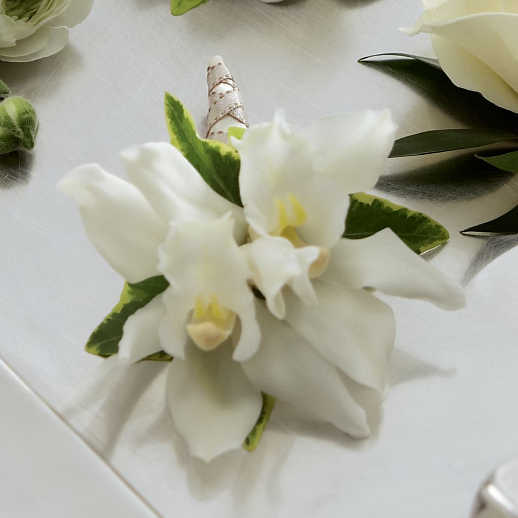 White Mini Cymbidium Boutonniere – EUGENE'S FLOWER HOME, Springfield OR